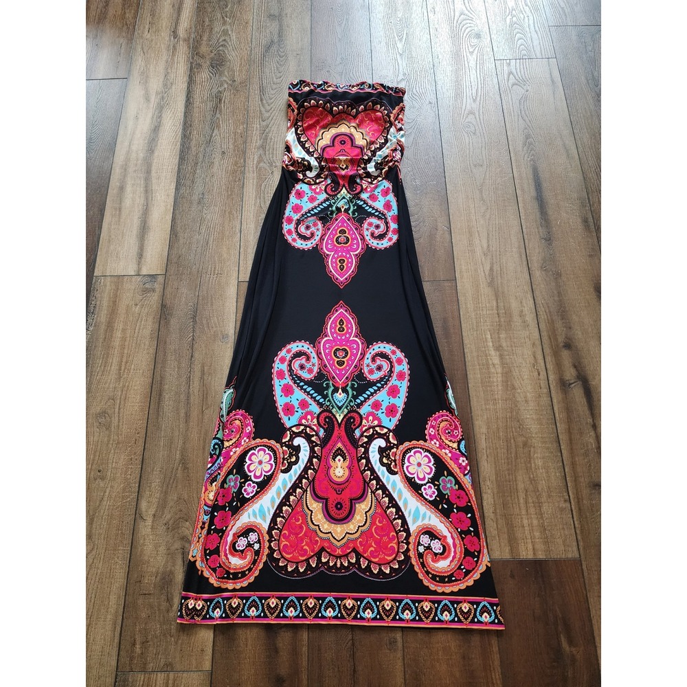 Womens Black Paisley Medallion Strapless Boho Maxi Tube Dress Summer Beach Fun